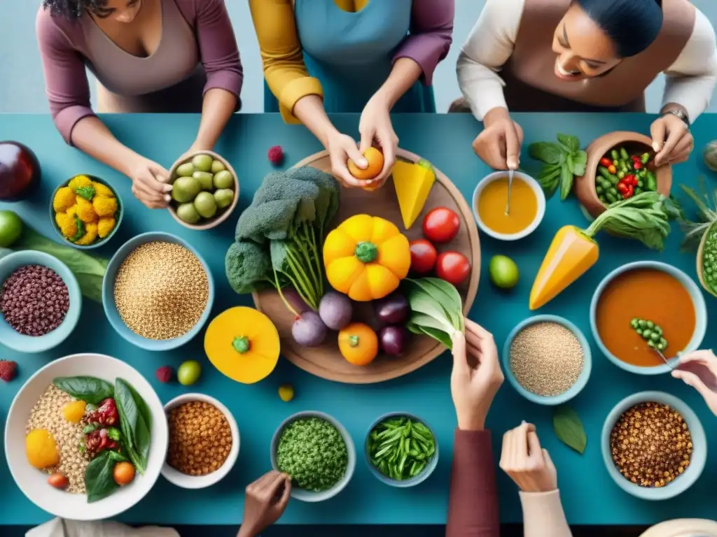 Celebración de la diversidad y la alegría con una mesa colorida de platos vegetales