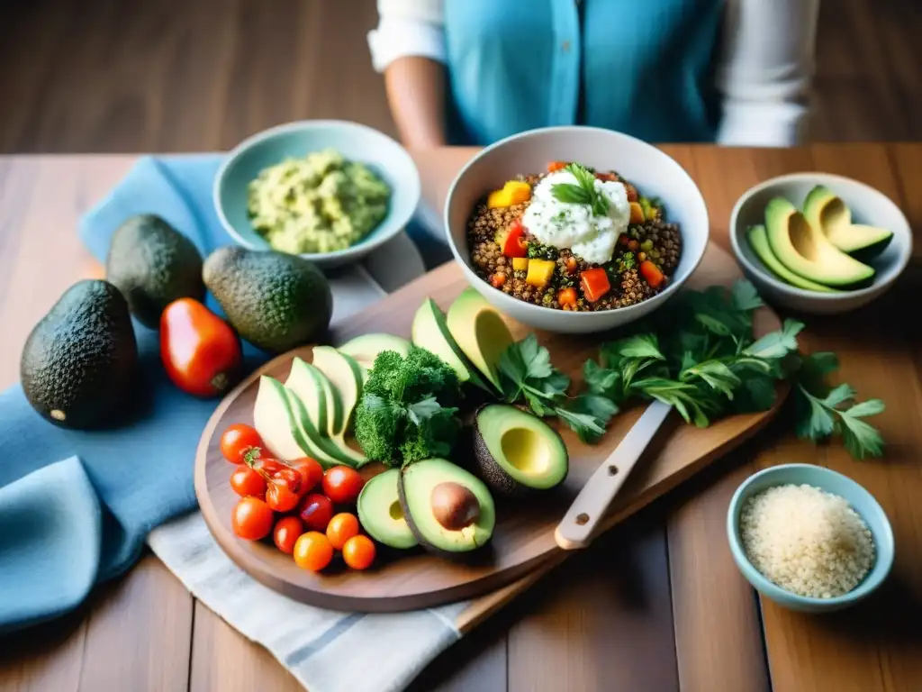 Una cena ligera y colorida inspirada en Uruguay, con ingredientes frescos como quinoa y aguacate en una mesa de madera elegante