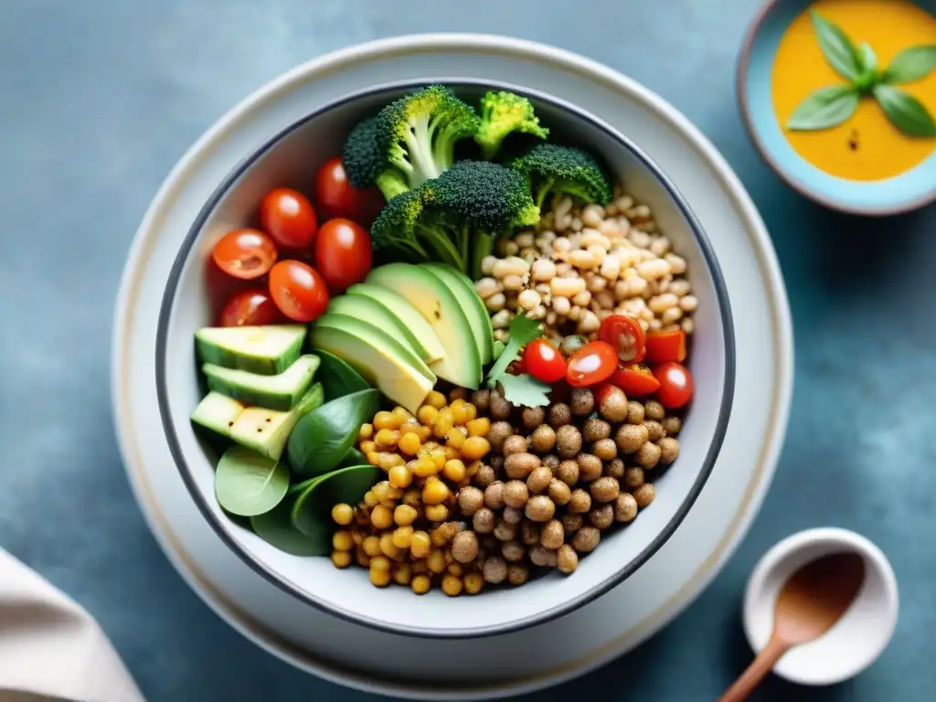 Una cena rápida saludable: un bowl vibrante con vegetales frescos, granos y proteínas, todo en un diseño moderno y colorido