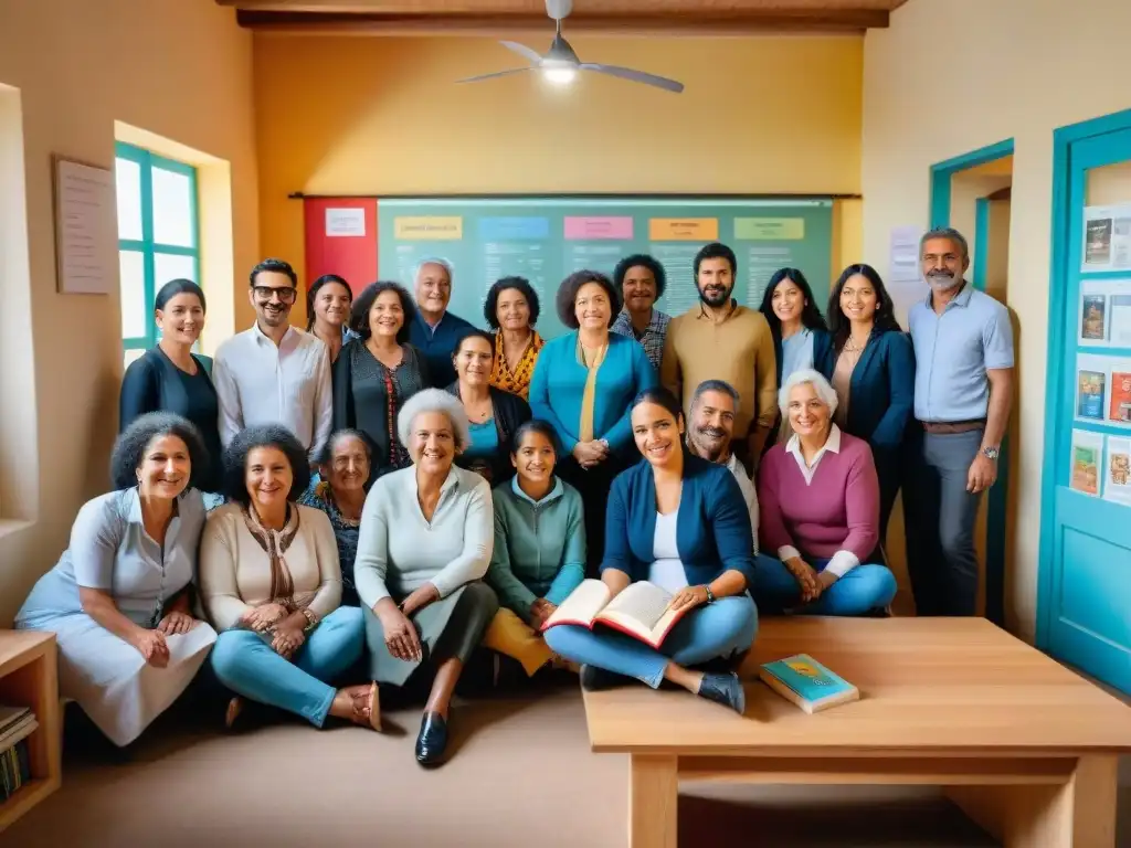 Un centro de alfabetización comunitaria vibrante en Uruguay, con personas de todas las edades y fondos colaborando en la lectura y escritura