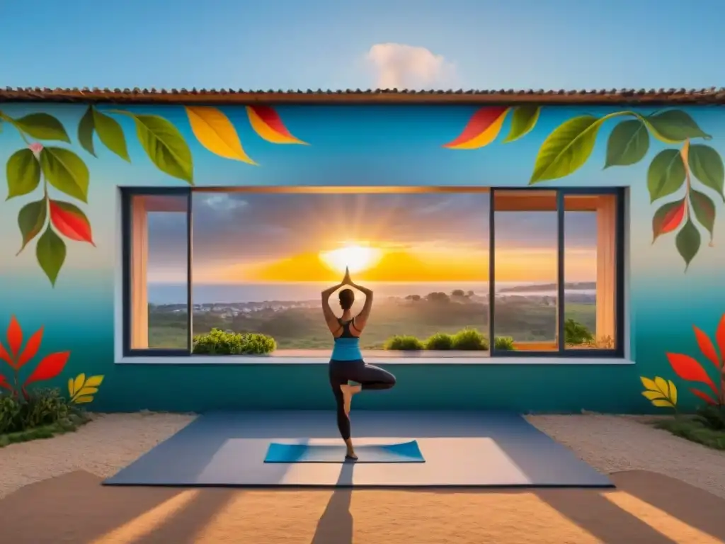 Un centro comunitario moderno y sereno en Uruguay promoviendo la salud mental, con murales coloridos y personas participando juntas en actividades como yoga y pintura, rodeado de vegetación y ventanas amplias