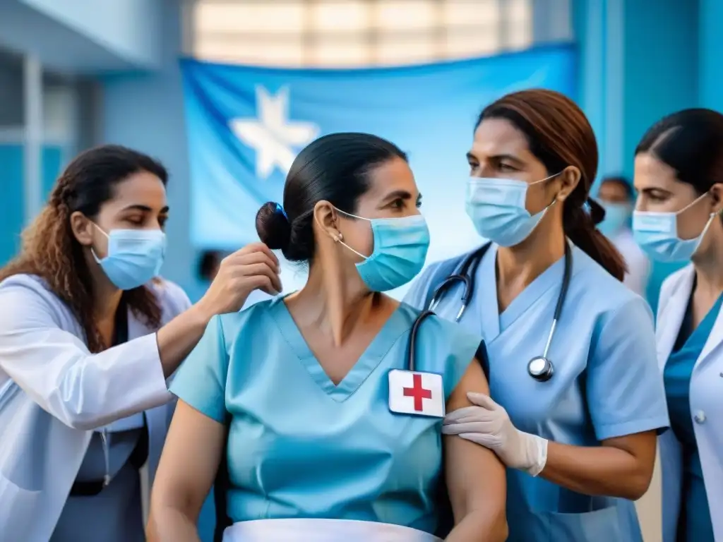 Un centro de vacunación futurista en Uruguay: trabajadores de la salud sonrientes vacunan a personas de todas las edades y orígenes étnicos, mostrando el impacto positivo del programa de vacunación en Uruguay