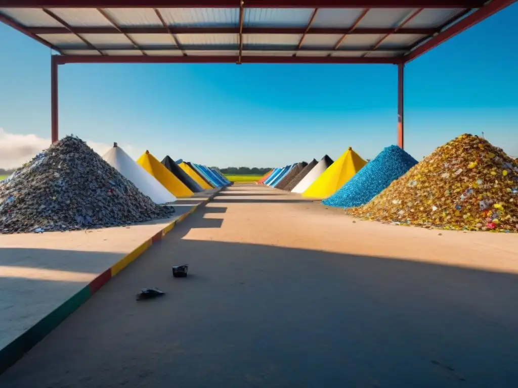 Un centro de reciclaje bullicioso en Uruguay con trabajadores clasificando materiales reciclables bajo un cielo azul brillante