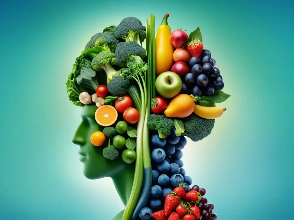 Un cerebro vibrante hecho de frutas y verduras coloridas, resaltando la importancia de la nutrición en trastornos mentales