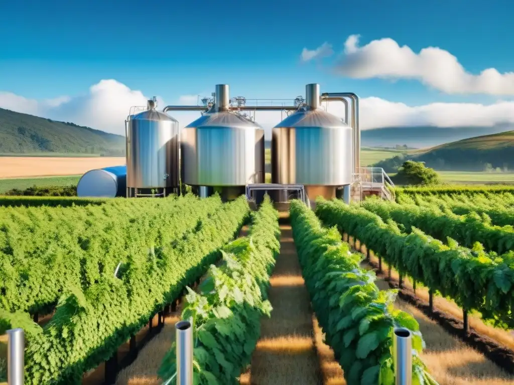 Una cervecería artesanal sostenible en Uruguay, con un equipo feliz produciendo cervezas orgánicas rodeados de naturaleza