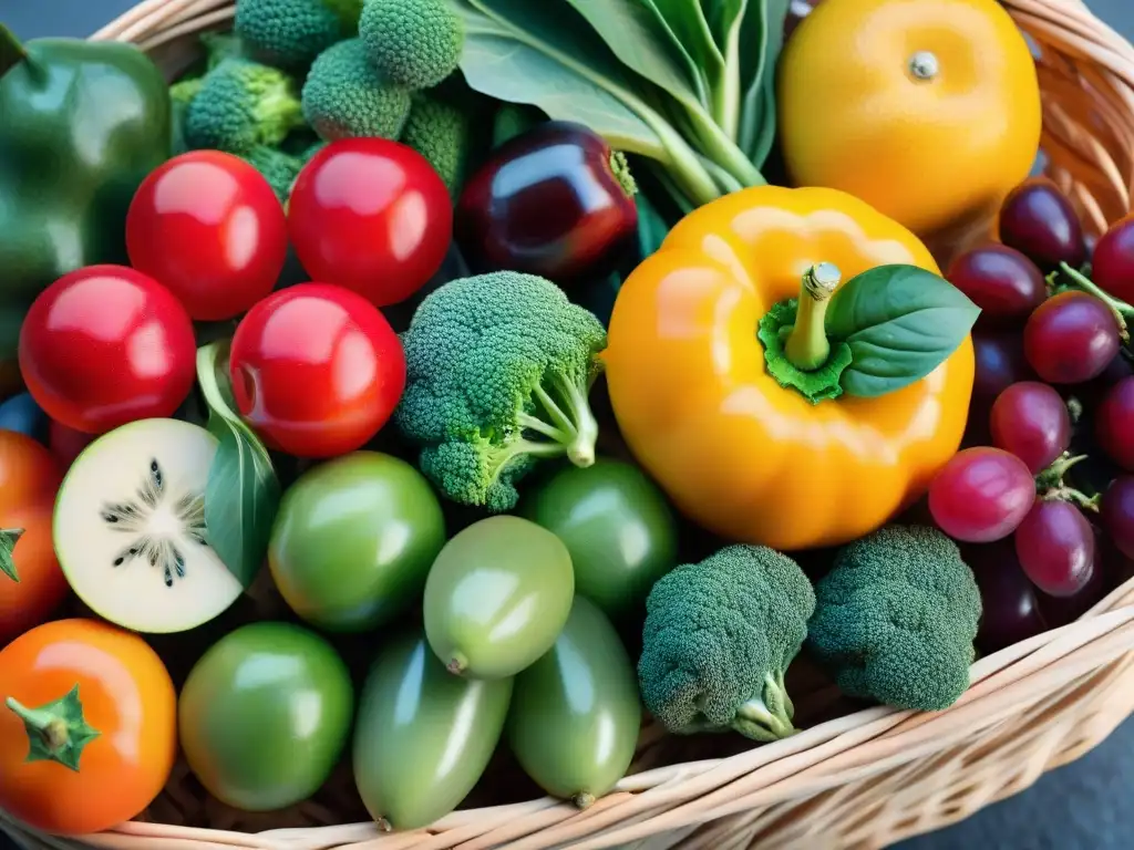 Una cesta de frutas y verduras frescas, coloridas y vibrantes, con gotas de agua brillantes, muestra la riqueza de la agricultura uruguaya