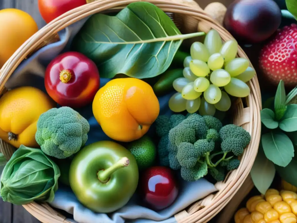 Una cesta rebosante de frutas y verduras frescas, con gotas de agua brillando al sol en un mercado, transmitiendo frescura y abundancia