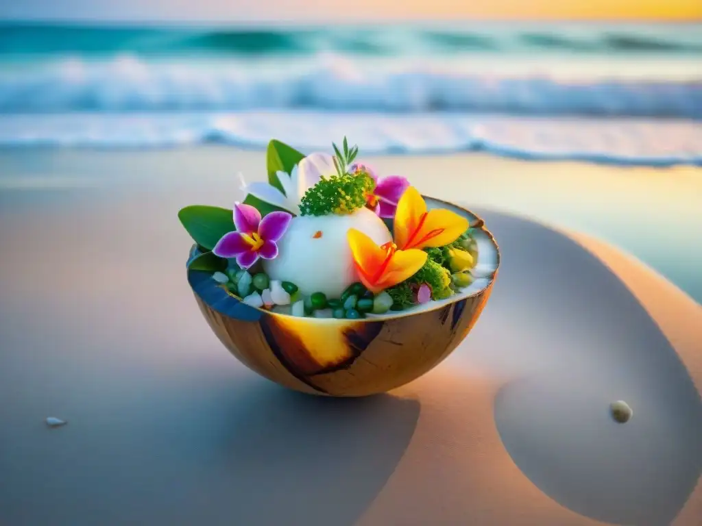 Un ceviche colorido en concha de coco sobre playa uruguaya al atardecer