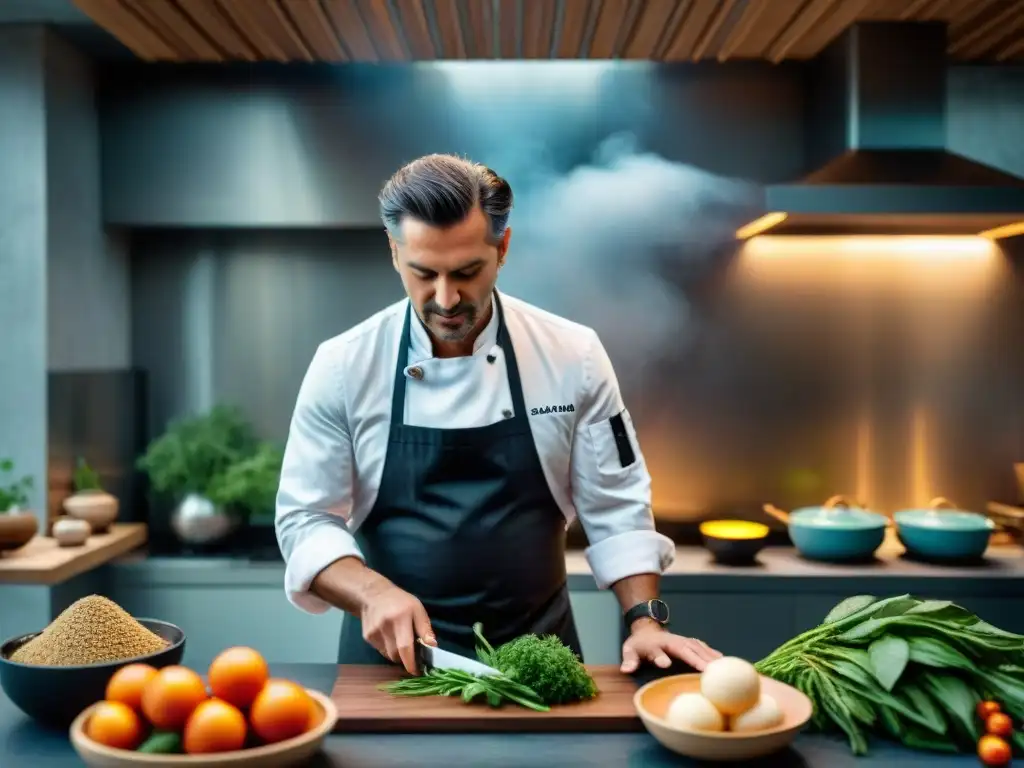 Chef apasionado en cocina sostenible uruguaya, rodeado de ingredientes orgánicos