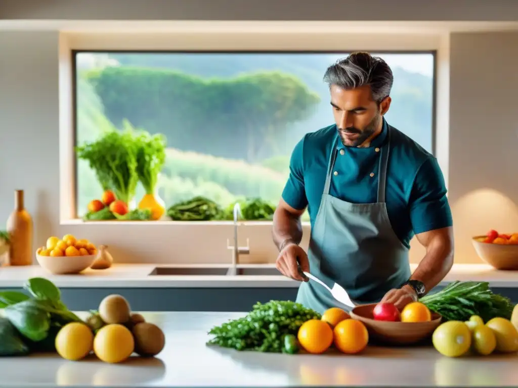 Un chef apasionado preparando platos con ingredientes frescos en un luminoso taller de cocina saludable en Uruguay