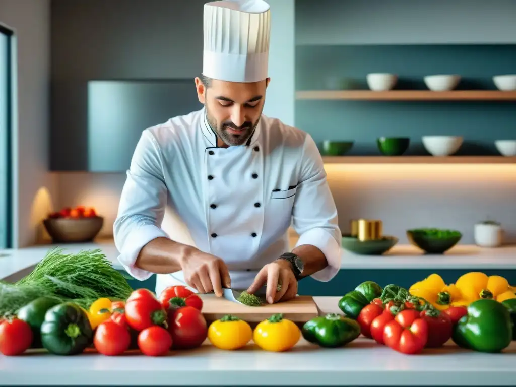 Un chef prepara apasionadamente recetas celiacas sabrosas en una cocina moderna y vibrante en Uruguay