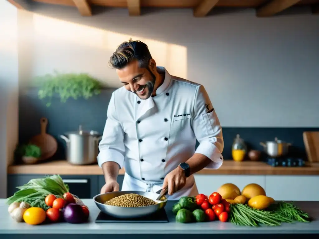 Un chef sonriente preparando recetas sostenibles en una cocina moderna de Uruguay, con ingredientes locales frescos