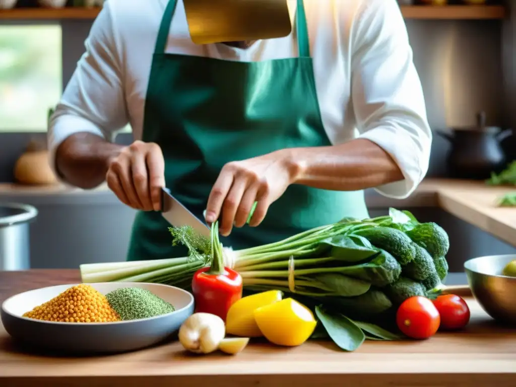 Un chef sostenible prepara recetas de comida Uruguay en una cocina tradicional llena de ingredientes locales