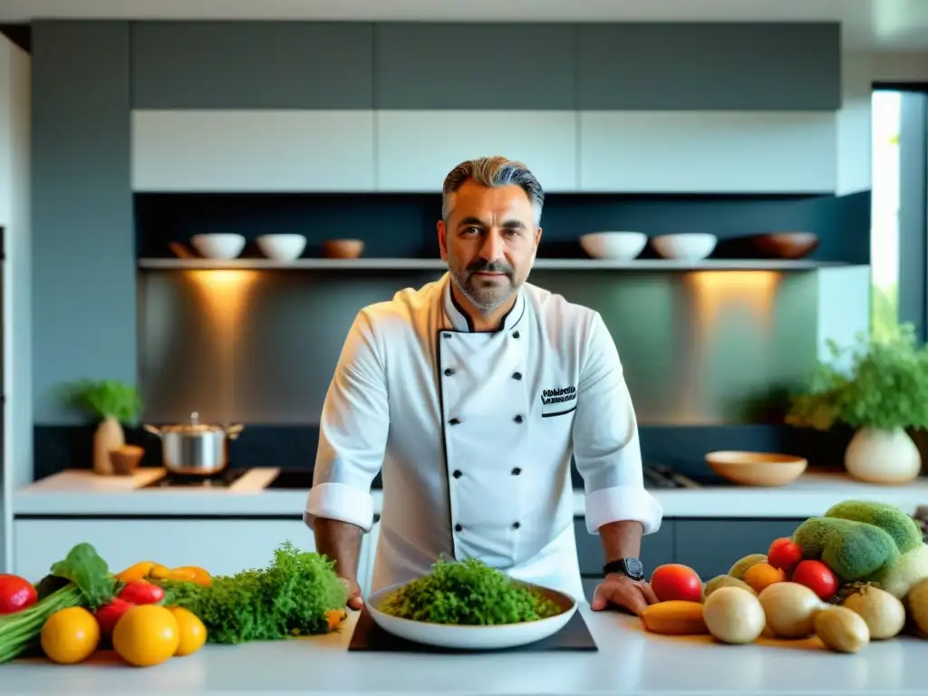 Un chef uruguayo creando alta cocina sostenible en cocina ecoamigable