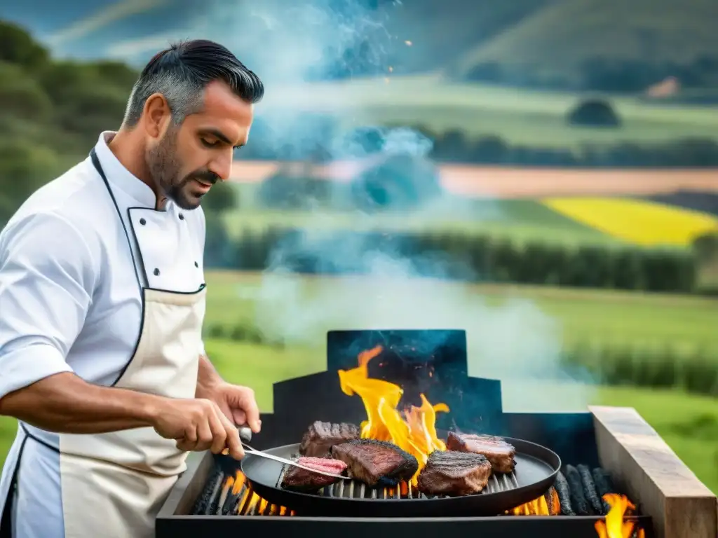 Un chef uruguayo preparando asado en parrilla sostenible, rodeado de naturaleza y ganado