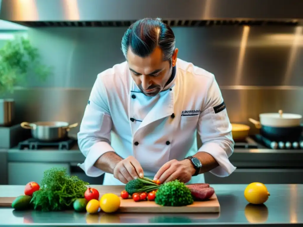 Un chef uruguayo en una cocina sostenible preparando una obra de alta cocina con pasión y precisión