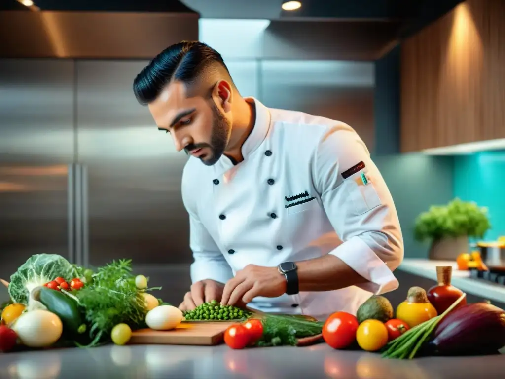 Un chef uruguayo preparando platos saludables de cocina internacional en una cocina moderna