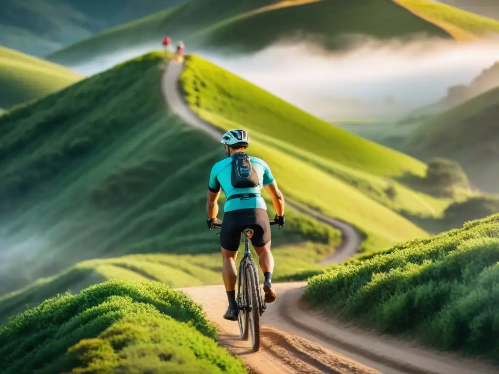 Un ciclista recorre en su bicicleta de montaña las verdes colinas de Rivera, Uruguay, dejando una estela de polvo mientras avanza bajo el cálido sol