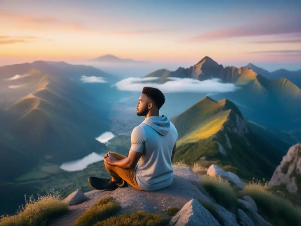 Práctica de meditación al amanecer en la cima de una montaña, reflejando serenidad y enfoque