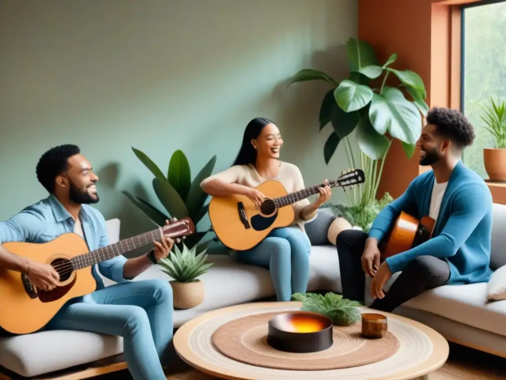 Un círculo de diversidad tocando instrumentos musicales en un ambiente acogedor