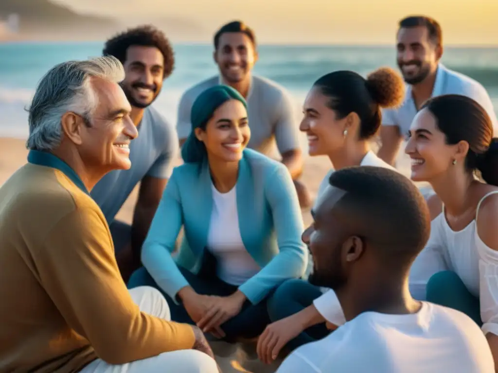 Un círculo diverso en la playa de Uruguay, donde se realiza una sesión de coaching personal para autoestima