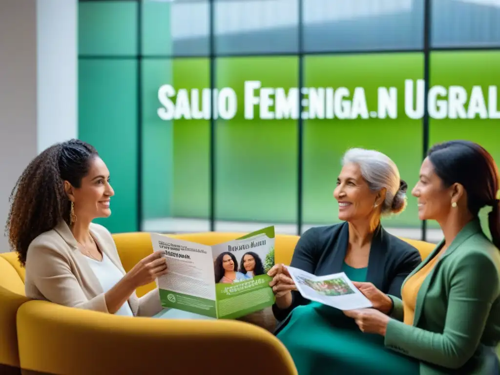 Un círculo de mujeres diversas discutiendo sobre 'Salud femenina integral en Uruguay' en un centro comunitario luminoso y acogedor