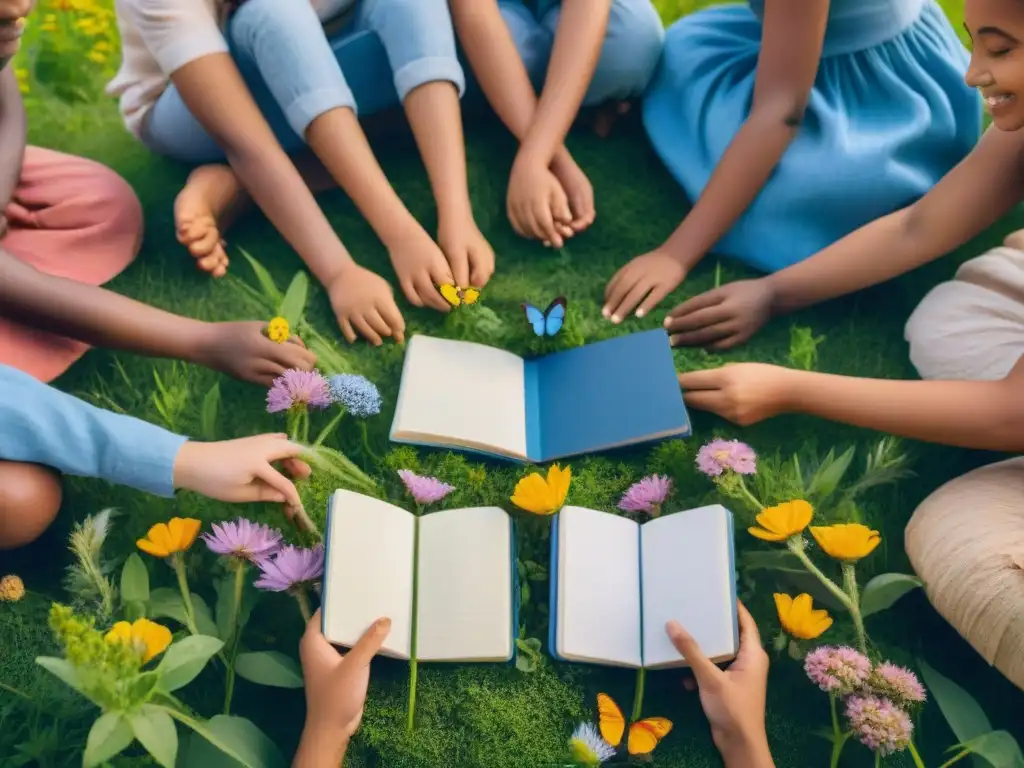 Círculo de niños practicando mindfulness en Uruguay, rodeados de naturaleza y armonía