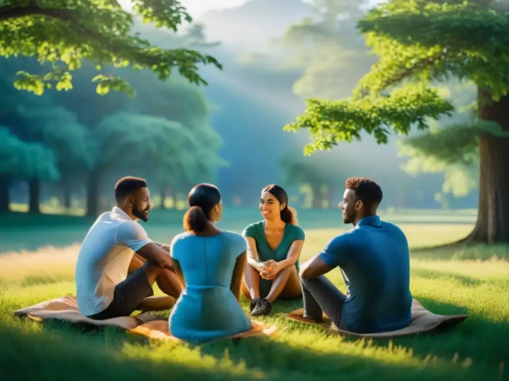 Un círculo de personas diversas conversando en un prado verde bajo el cielo azul, mostrando empatía y apoyo