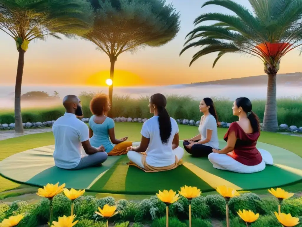 Un círculo de personas meditando en un parque en Montevideo al atardecer, transmitiendo paz y conexión con la naturaleza