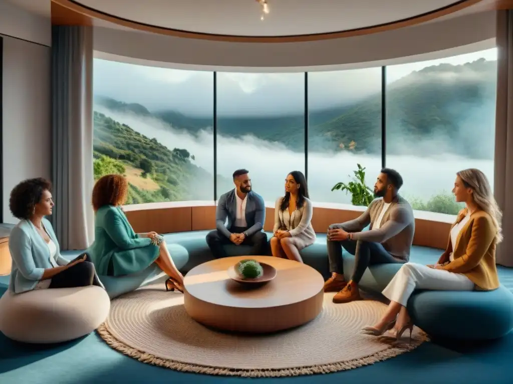 Círculo terapéutico: emociones diversas en terapia en Uruguay Círculo de terapia en Uruguay 2021: Personas expresando emociones en un ambiente acogedor con paisaje exterior
