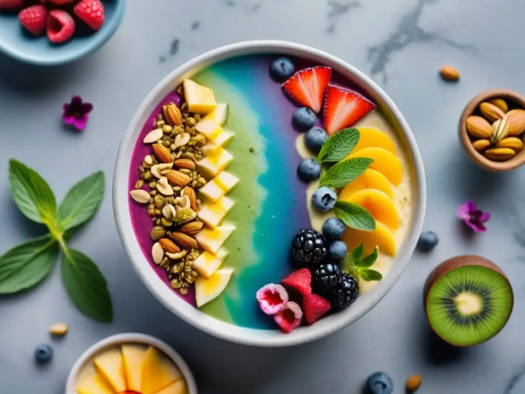 Un círculo de bowls de smoothies vibrantes y coloridos en una encimera de mármol