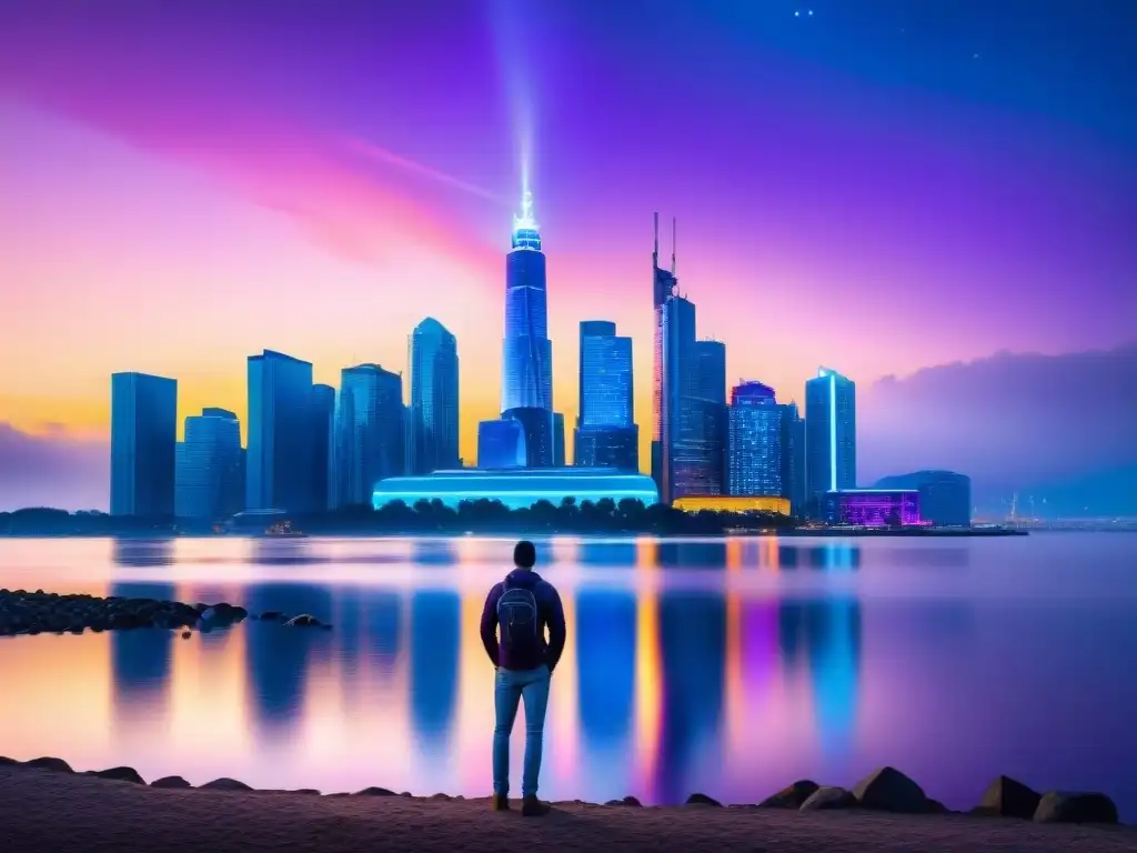 Una ciudad futurista iluminada al anochecer, reflejada en agua tranquila