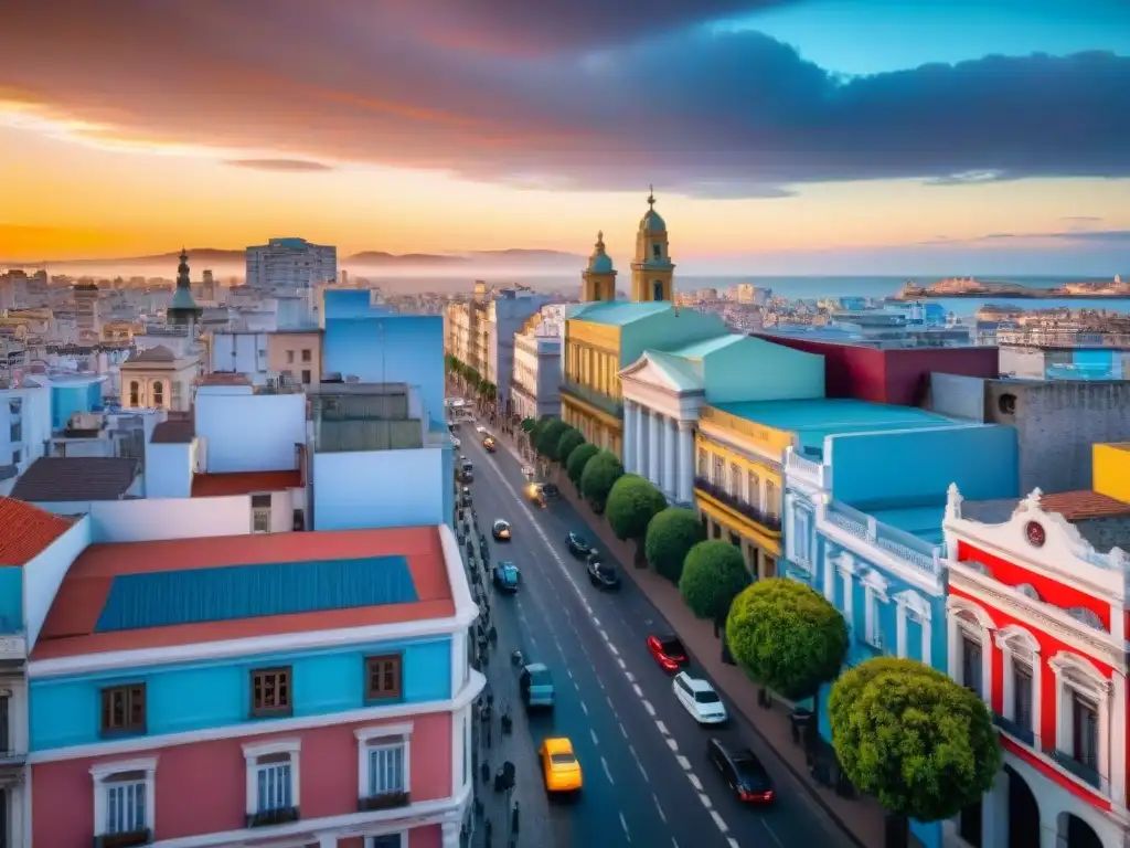 Una ciudad vibrante y diversa de Montevideo, Uruguay, con arquitectura colonial y rascacielos modernos bajo un cielo dramático al atardecer