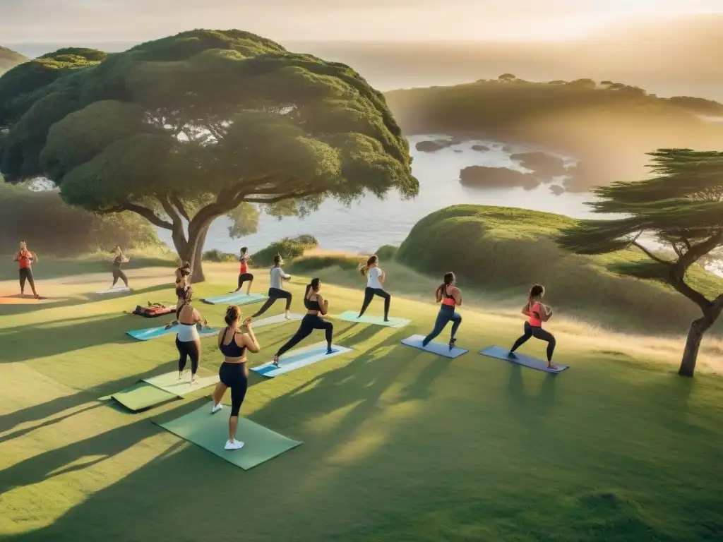 Clase de educación física dinámica en un parque verde de Uruguay al atardecer