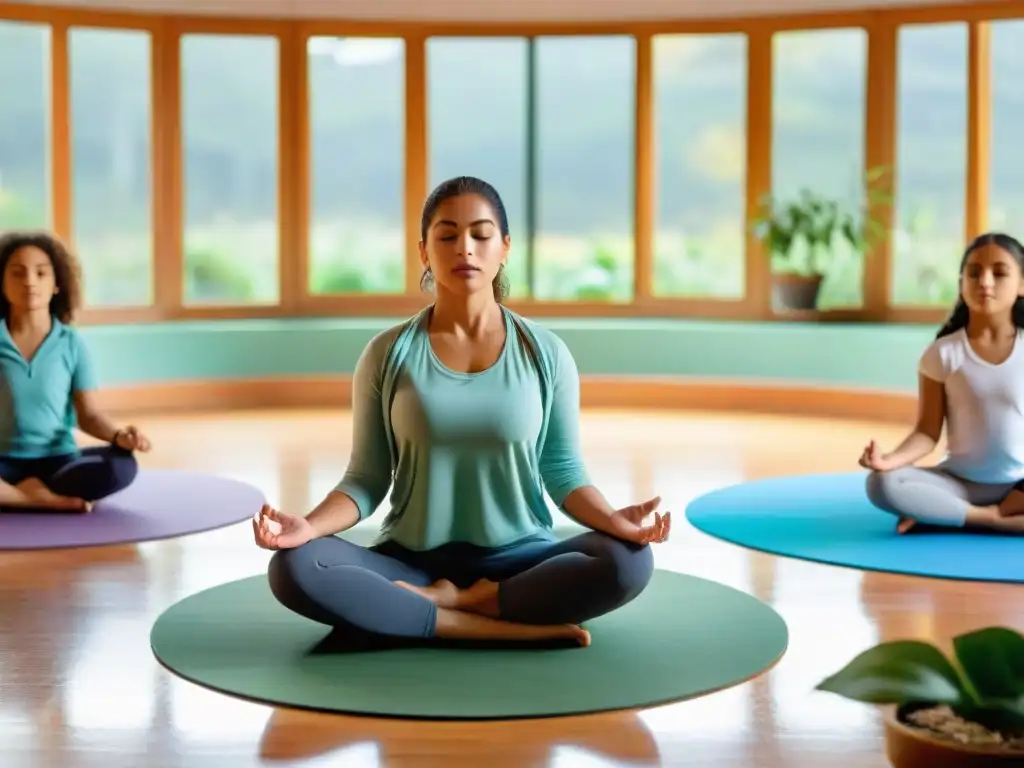 Clase serena en Uruguay: niños practican mindfulness en círculo, rodeados de plantas y luz natural