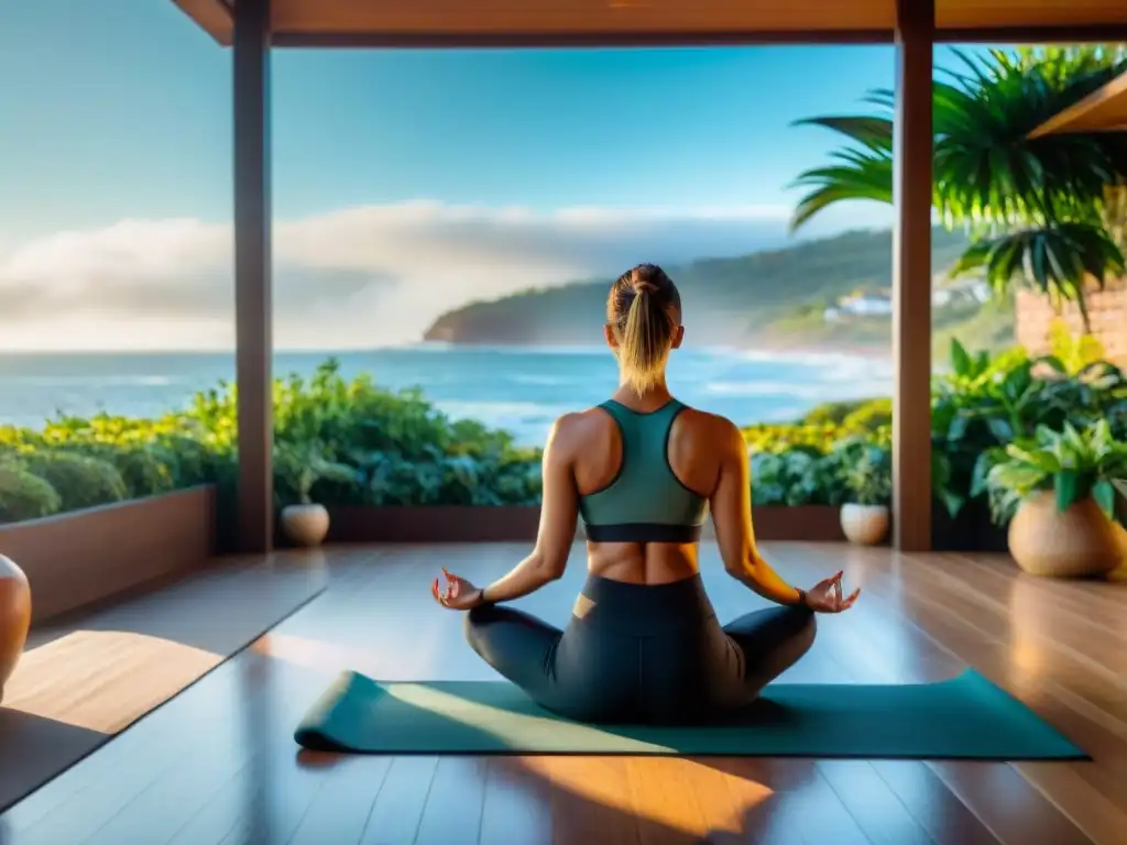 Clase virtual de yoga en terraza con vista al mar en Uruguay, rodeada de naturaleza