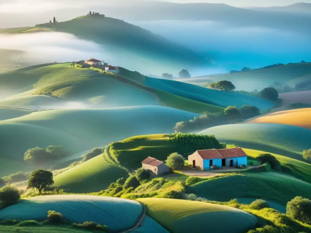 Adaptándonos al clima rural Uruguay: paisaje rural sereno con colinas verdes, flores silvestres y cielo azul