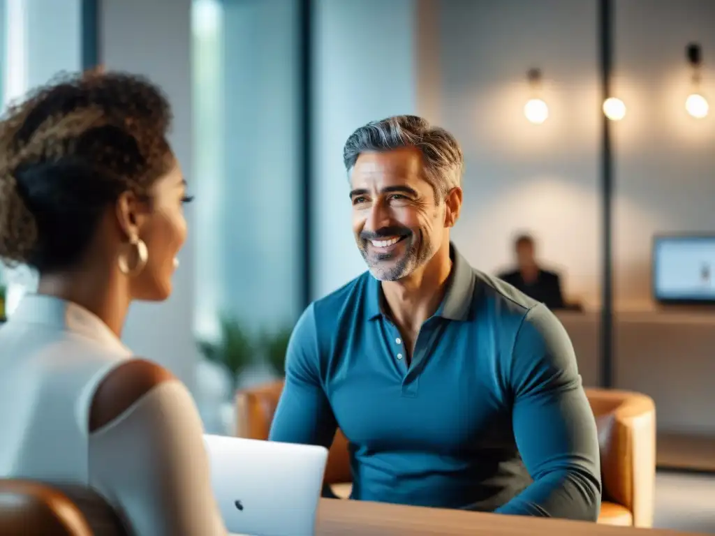 Una coach escucha atentamente a su cliente en una oficina moderna llena de luz natural y frases motivadoras enmarcadas en las paredes