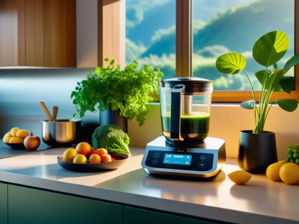 Una cocina futurista con gadgets de alta tecnología iluminados y vista a un jardín