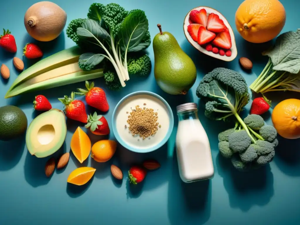 Vibrante cocina saludable con frutas, verduras y proteínas naturales Una cocina moderna llena de frutas, verduras y ingredientes para batidos proteína