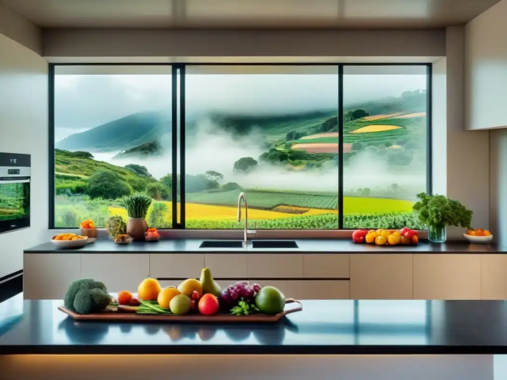 Cocina moderna y saludable en Uruguay Una cocina moderna y luminosa con una familia diversa preparando alimentos, demostrando hábitos saludables en Uruguay