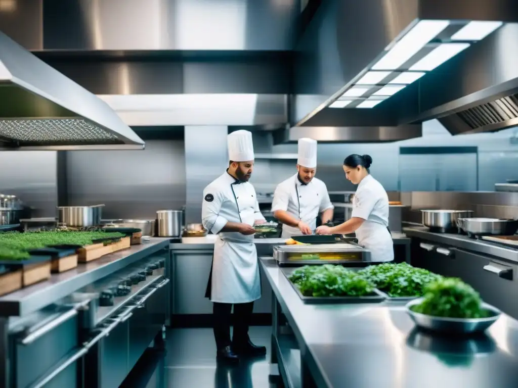 Una cocina moderna en restaurante con chefs apasionados preparando platos con ingredientes locales