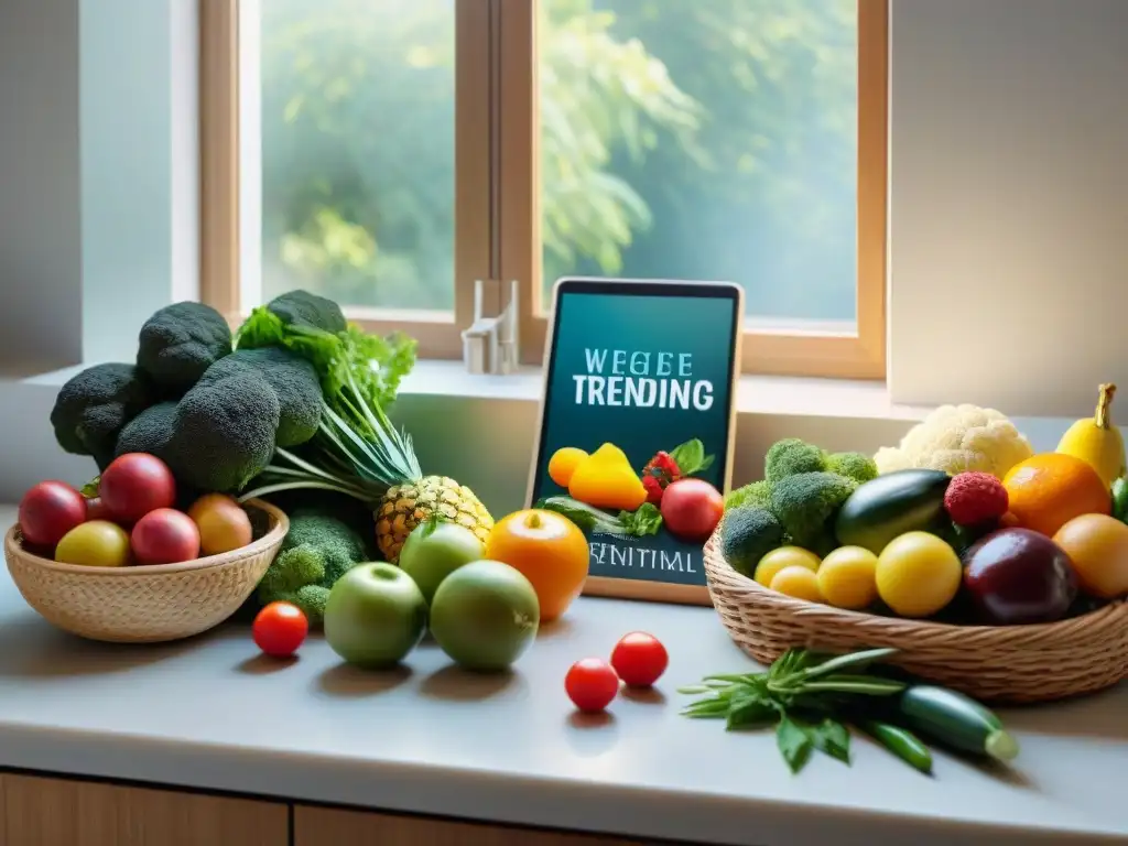 Una cocina moderna y serena con una encimera de mármol, frutas y verduras en una cesta de mimbre junto a libros de recetas