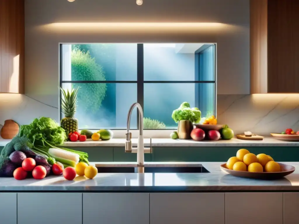 Una cocina moderna y serena llena de frutas y verduras coloridas, bañadas por la luz del sol