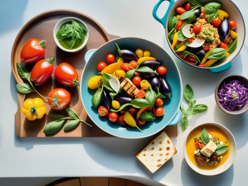 Una cocina mediterránea saludable en Uruguay, con verduras frescas, aceite de oliva y menú variado en una mesa de madera rústica