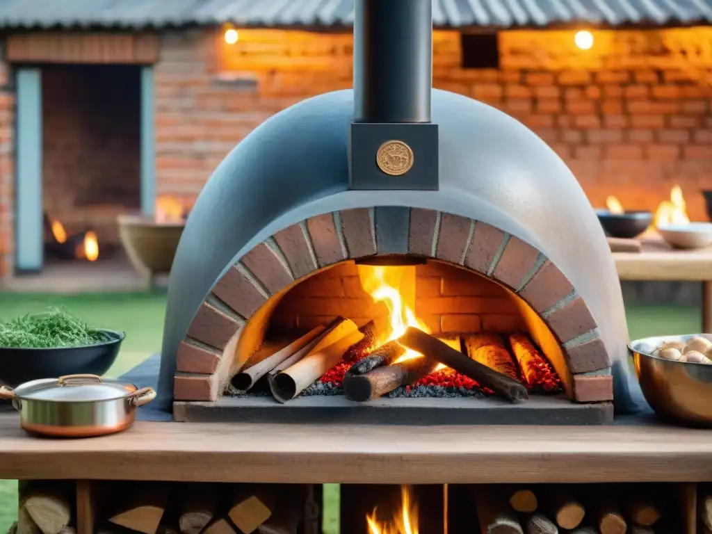 Una cocina a leña tradicional uruguaya iluminando una reunión familiar alrededor de una mesa rústica