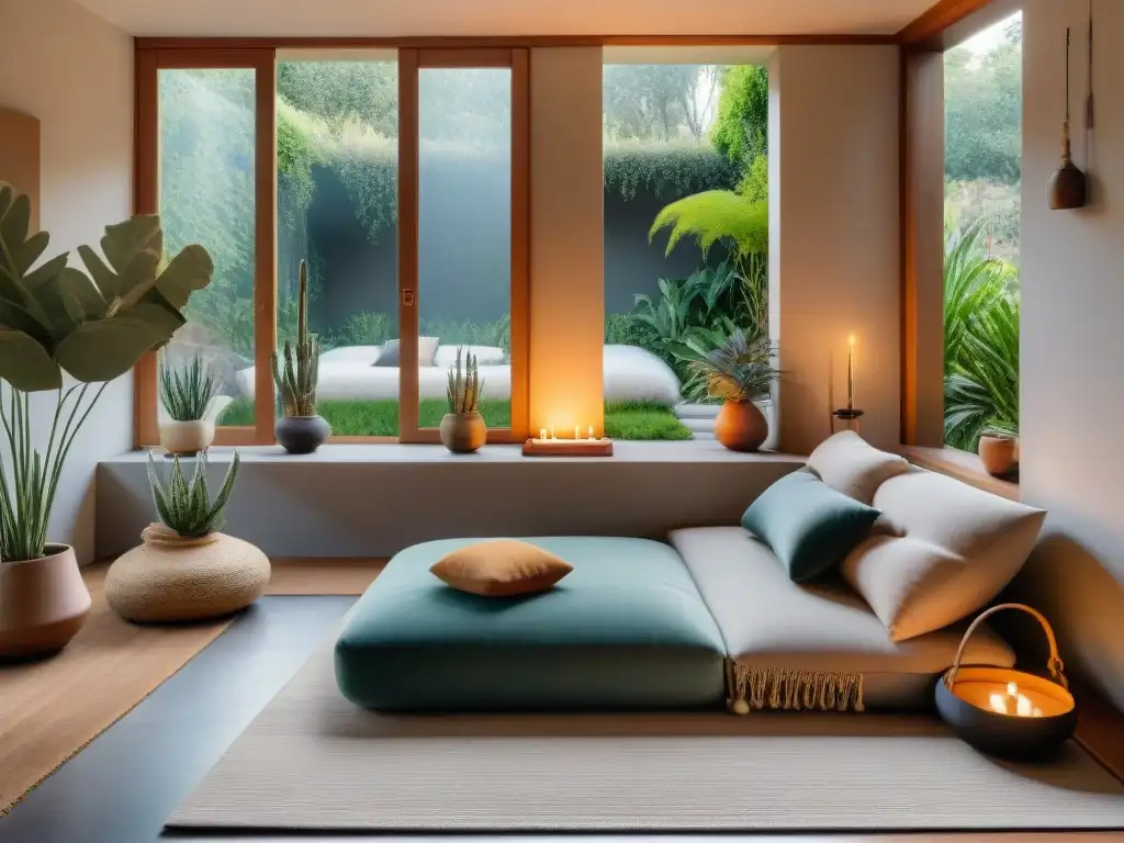 Rincón de meditación en casa Uruguay con cojines, altar de madera y ventana al jardín