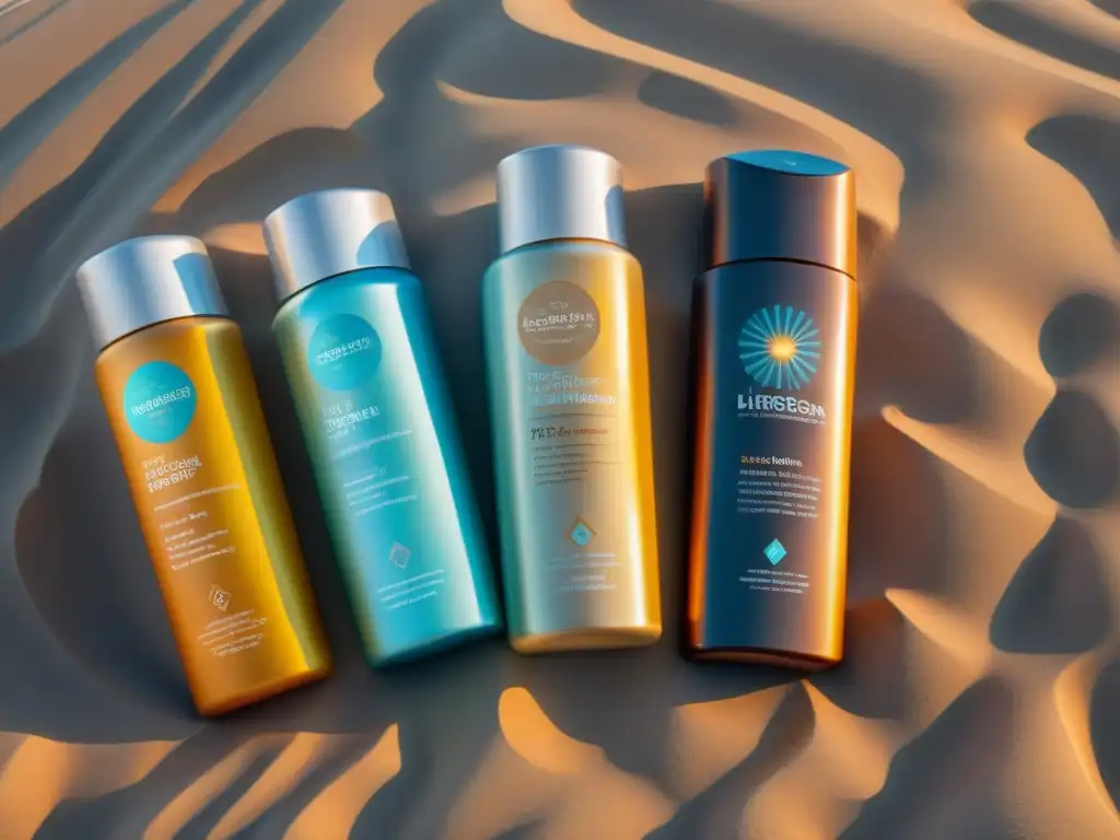 Una colección de protectores solares con etiquetas ecofriendly en la playa