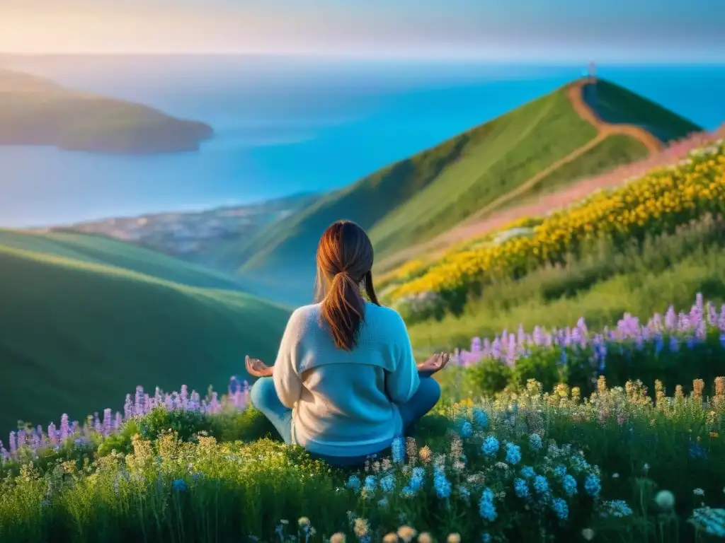 Meditación en colina verde con flores silvestres y mar en fondo