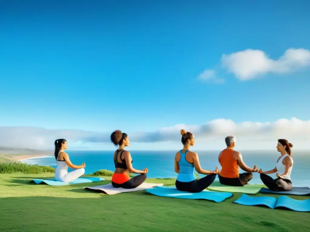 Práctica de yoga en colina verde con vista al mar en Uruguay